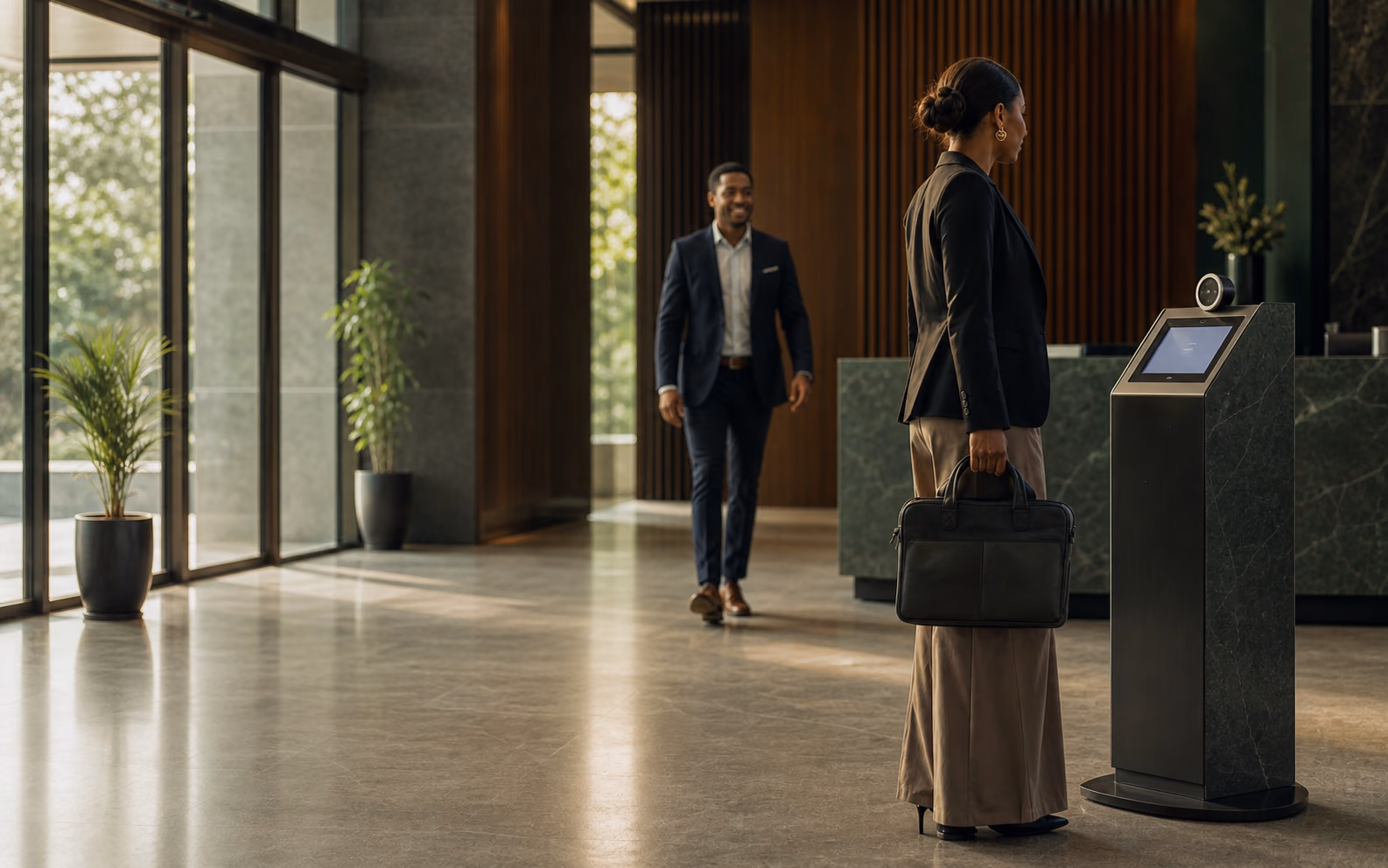 A visitor checks in calmly as her host approaches through the lobby.